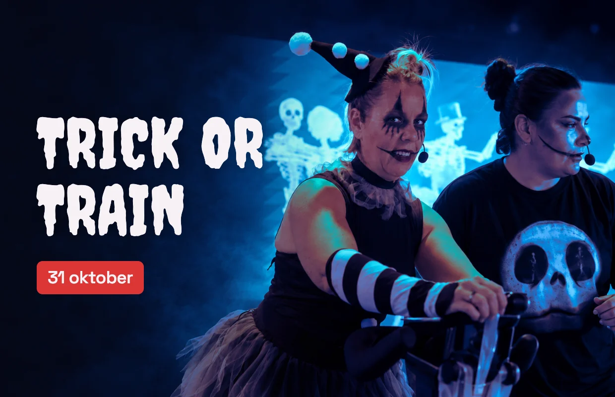 AI-bearbetat fotomontage från ett tidigare Halloweenpass i Novum: båda instruktörerna tillsammans, med Halloweenhatt och spöktröja. Text: Trick or Train, 31 oktober.