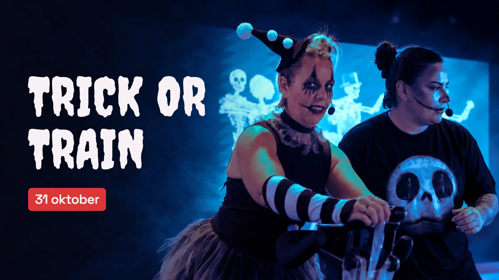 AI-bearbetat fotomontage från ett tidigare Halloweenpass i Novum: båda instruktörerna tillsammans, med Halloweenhatt och spöktröja. Text: Trick or Train, 31 oktober.